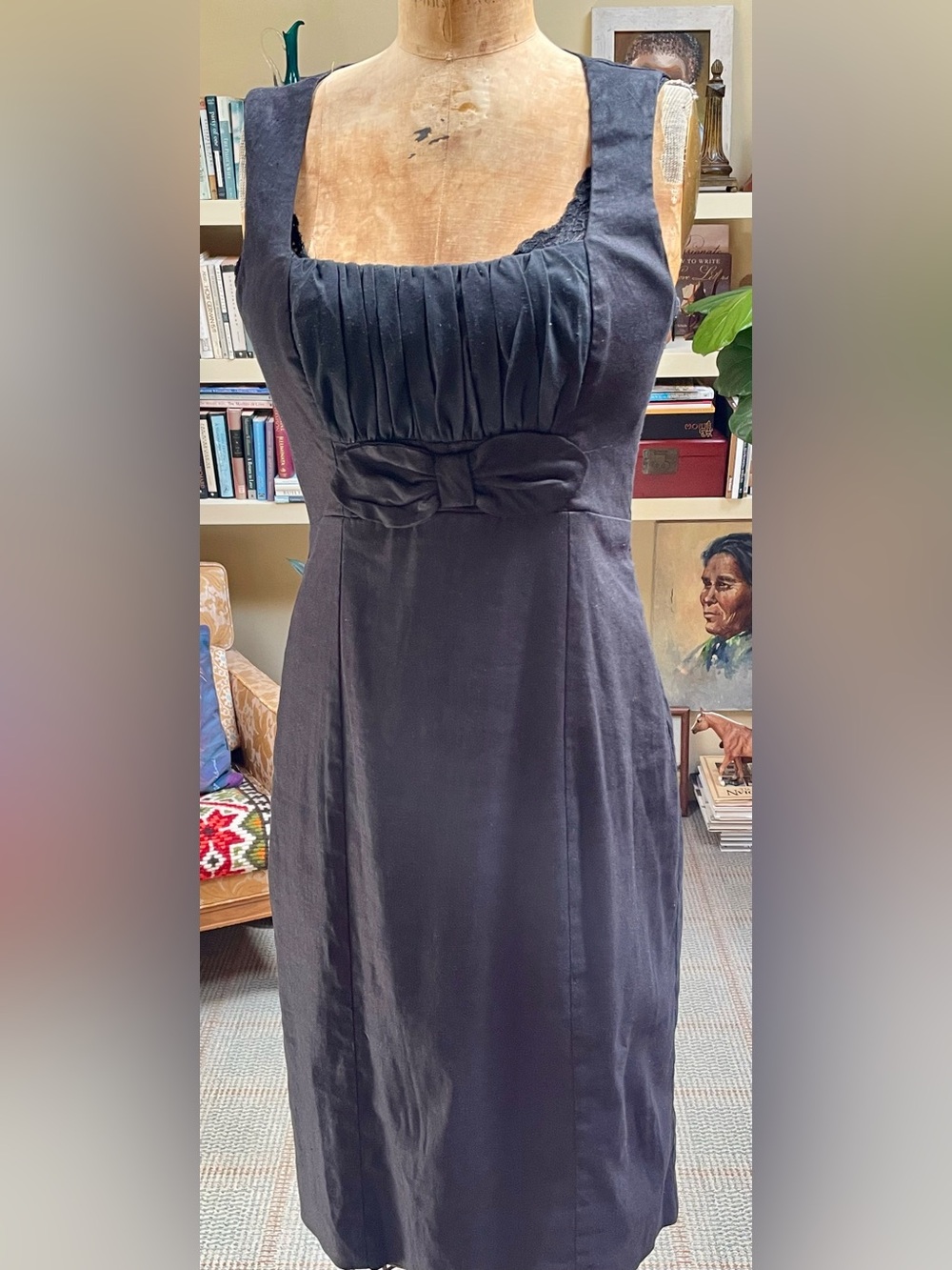 Betsey Johnson Black Pleated Bust Bow-Front Midi Dress